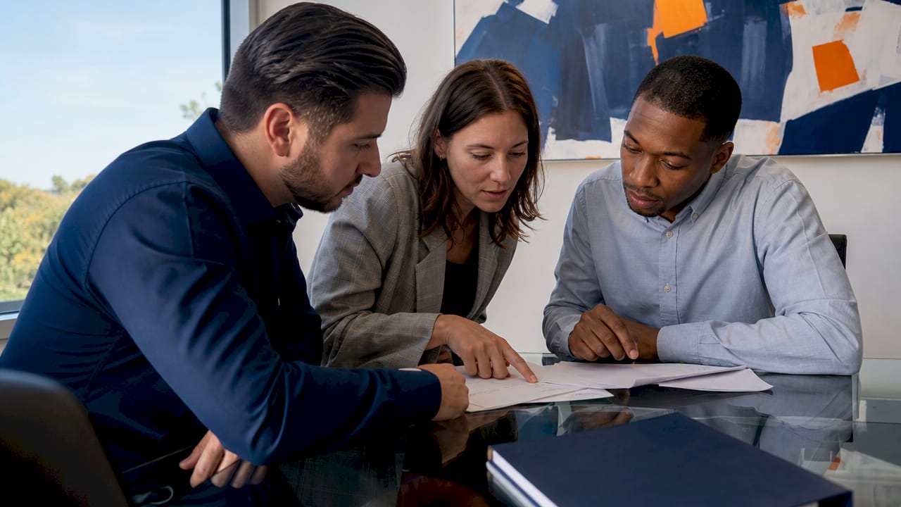 Hands exchanging subcontract documents on desk