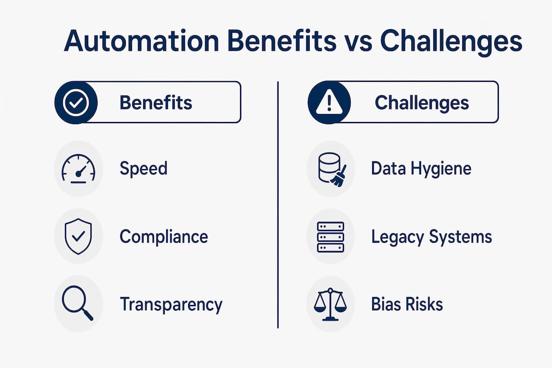 Infographic comparing automation benefits and challenges in public procurement