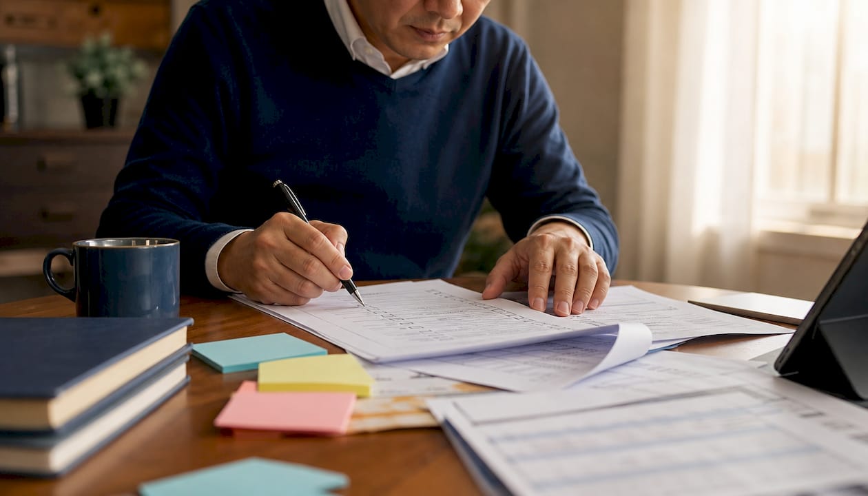 Hands marking compliance checklist documents over conference table