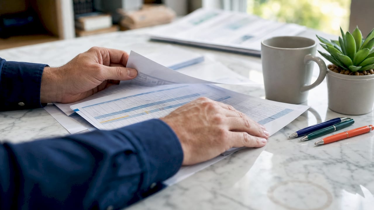 Hands sorting financial documents in workspace