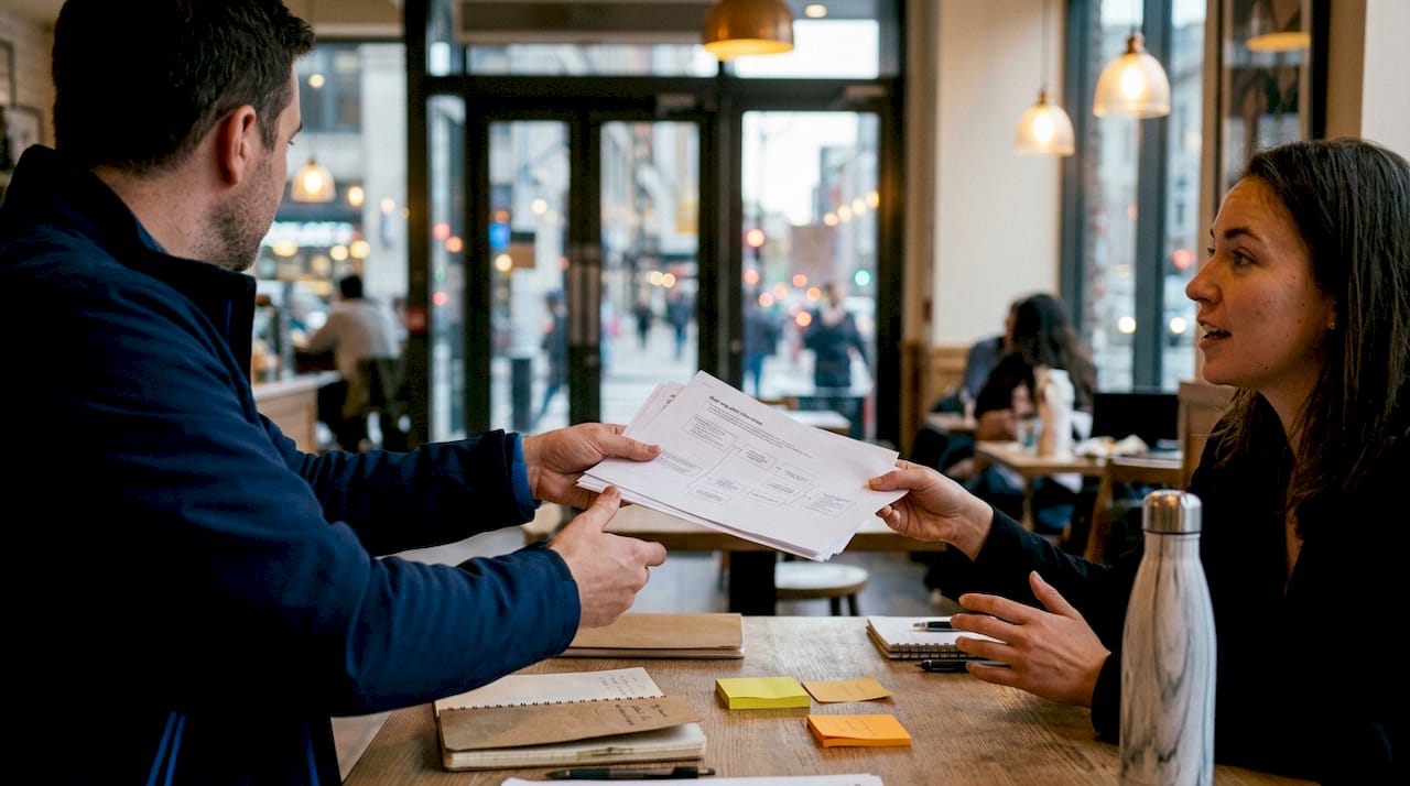 Hands exchanging data migration documents in office