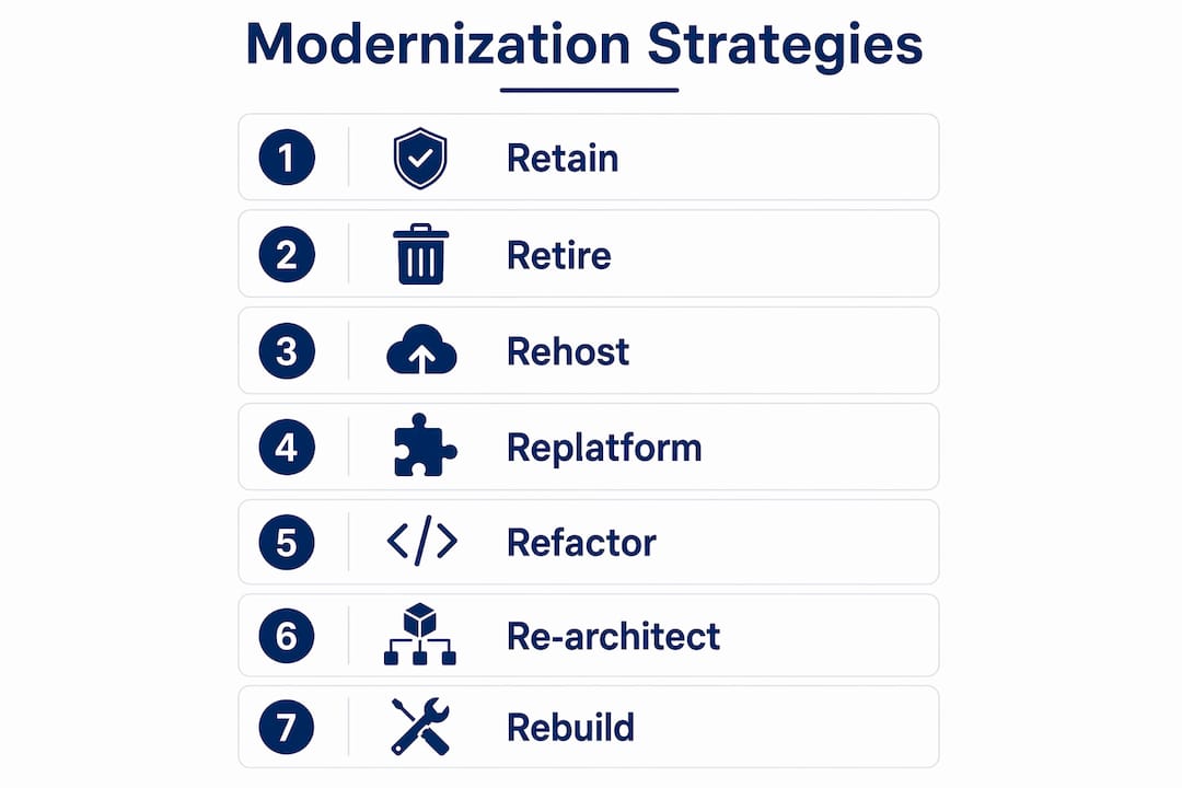 Infographic illustrating 7 Rs modernization strategies