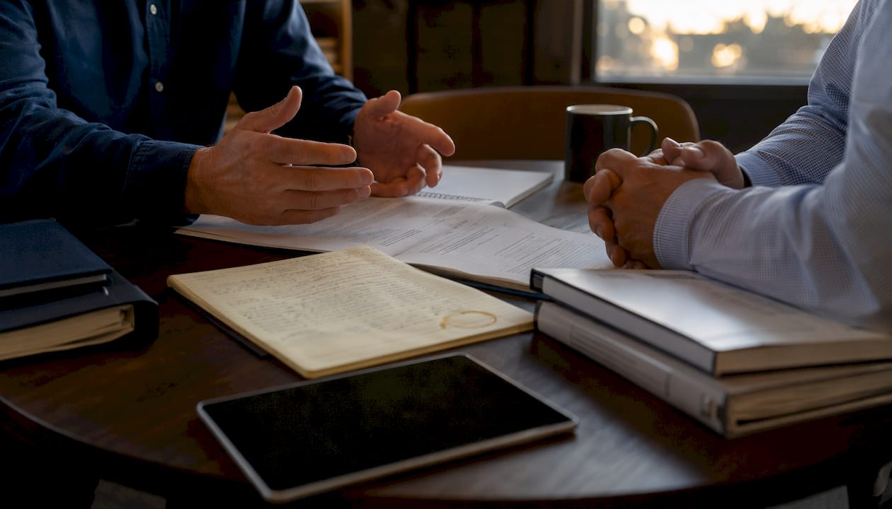 Hands reviewing federal subcontracting documents