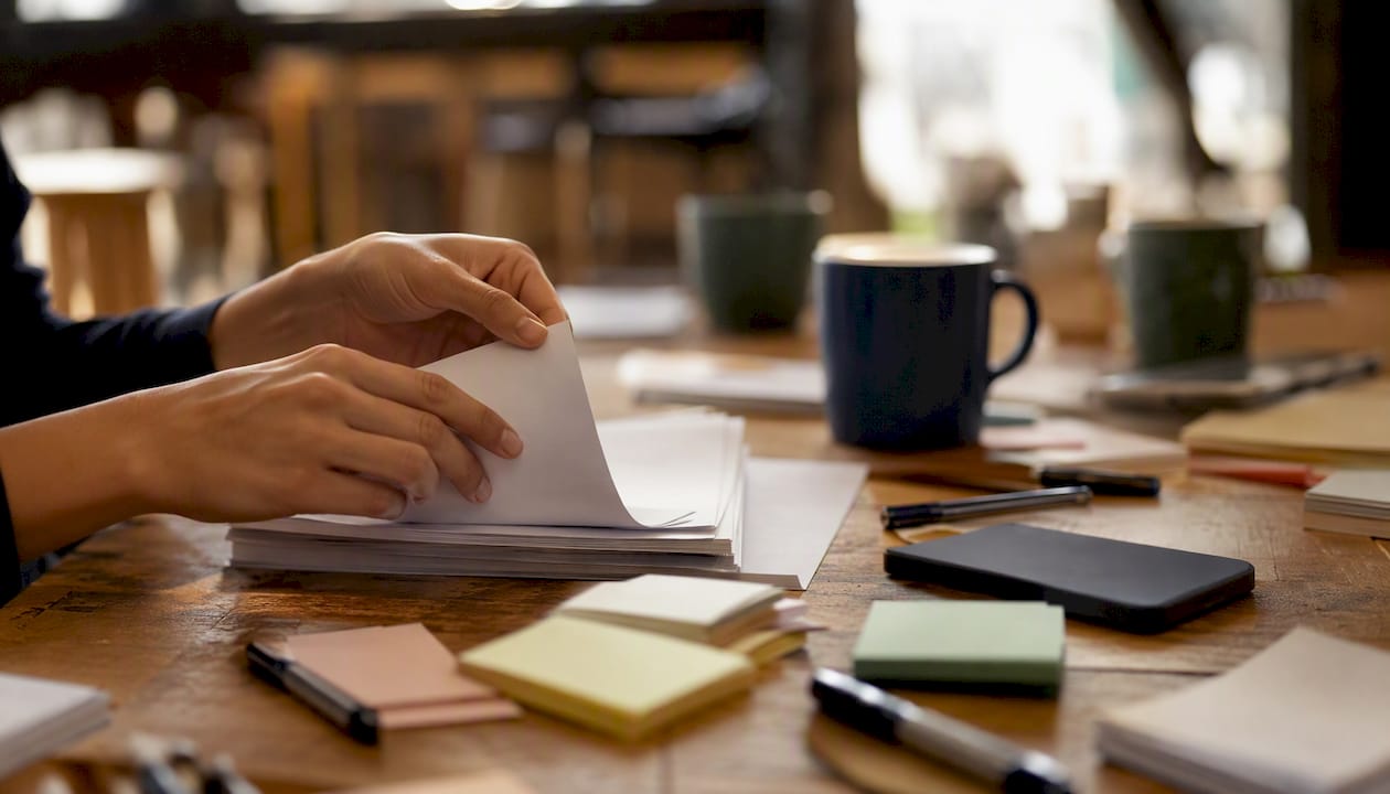 Hands flipping blank notes on workshop table