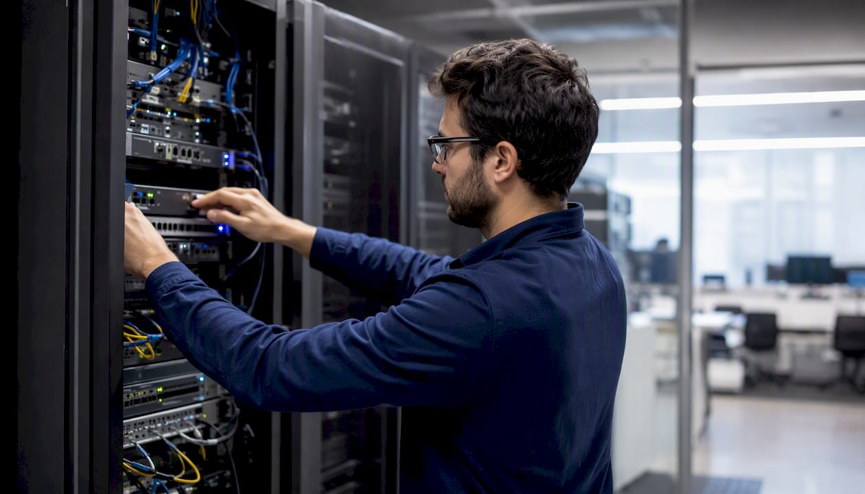 Hands adjusting cloud infrastructure controls in data center
