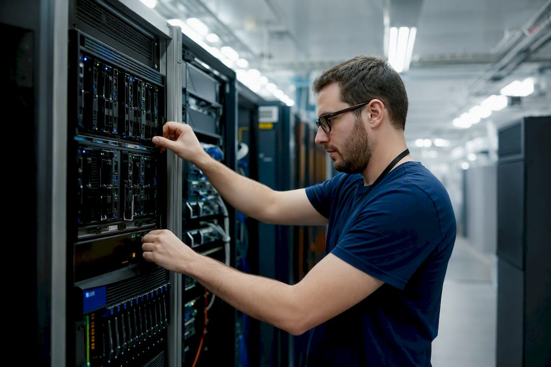 Hands adjusting cloud infrastructure server hardware