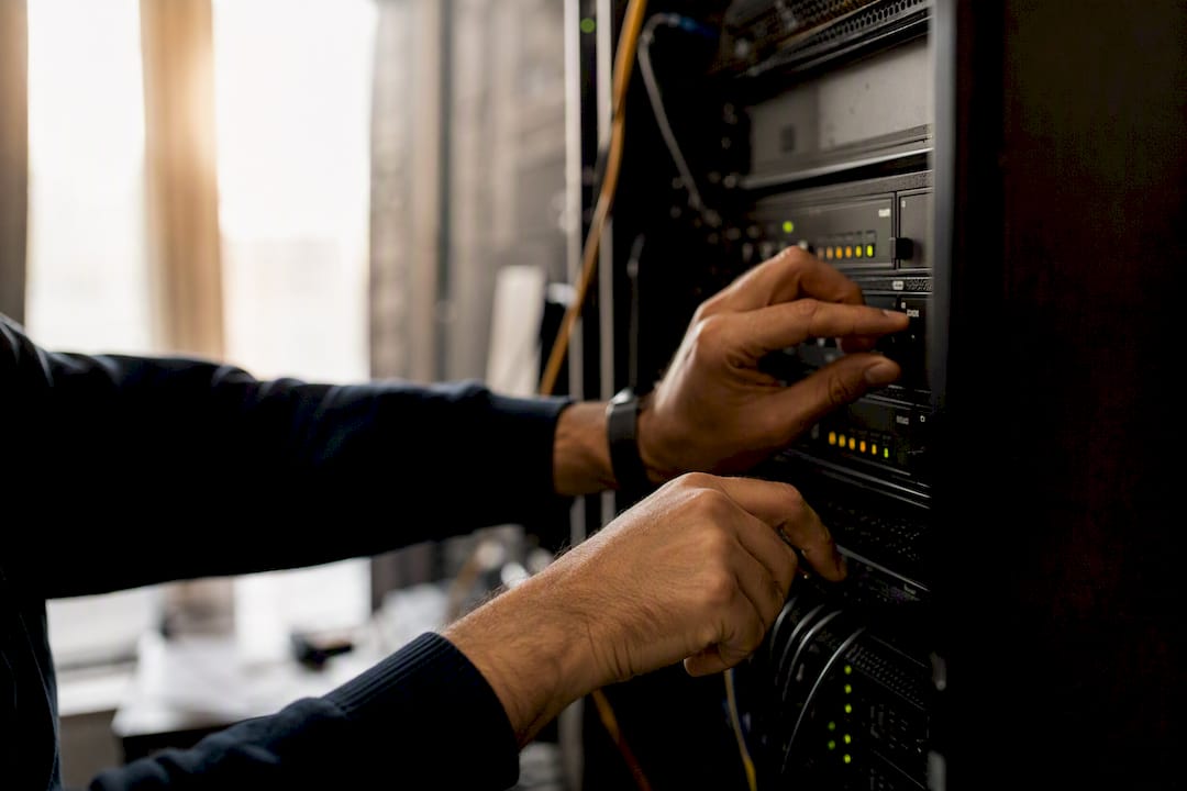 Hands adjusting controls on government IT monitoring rack