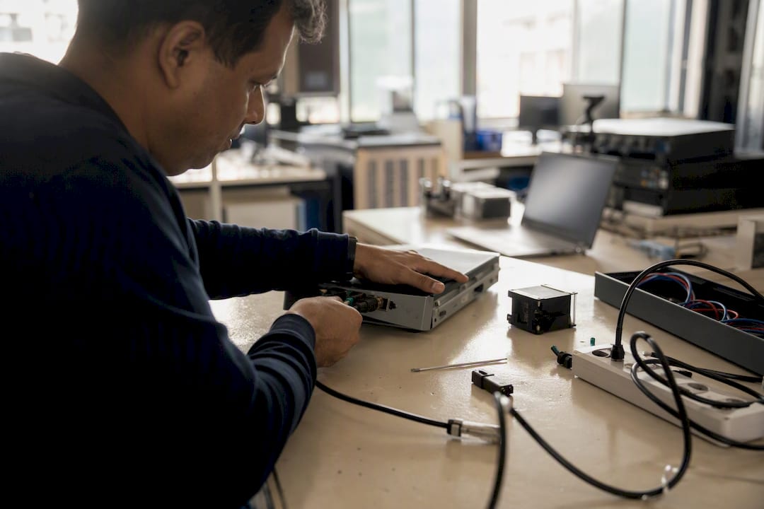 Hands adjusting compliance automation hardware in government IT room