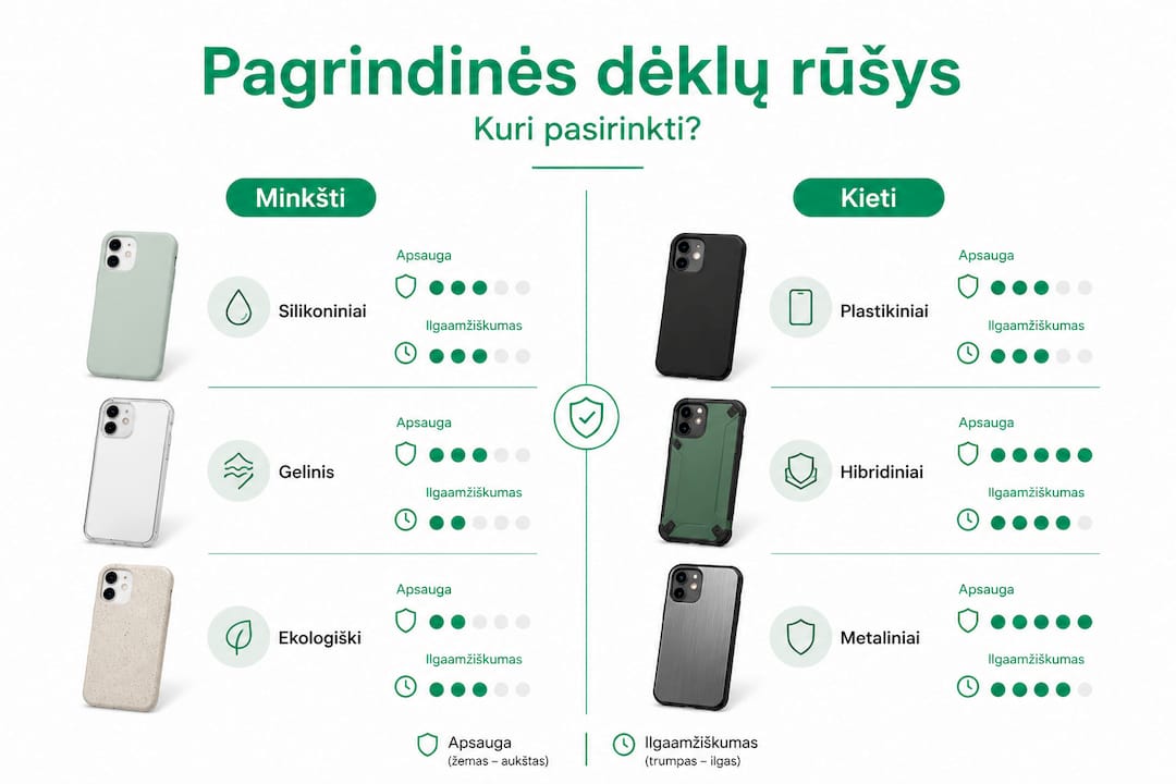Infografikas: kokie yra skirtingų dėklų tipai ir kuo jie skiriasi
