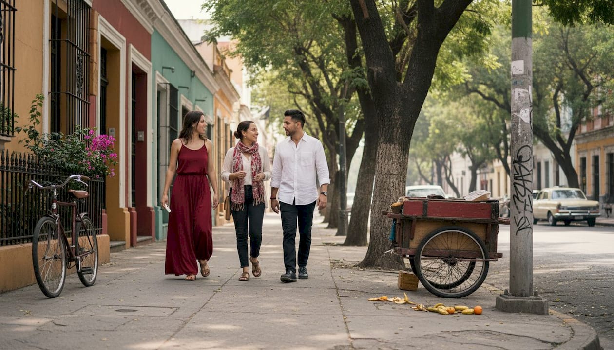 Locals walking on tree-lined Santa María la Ribera street