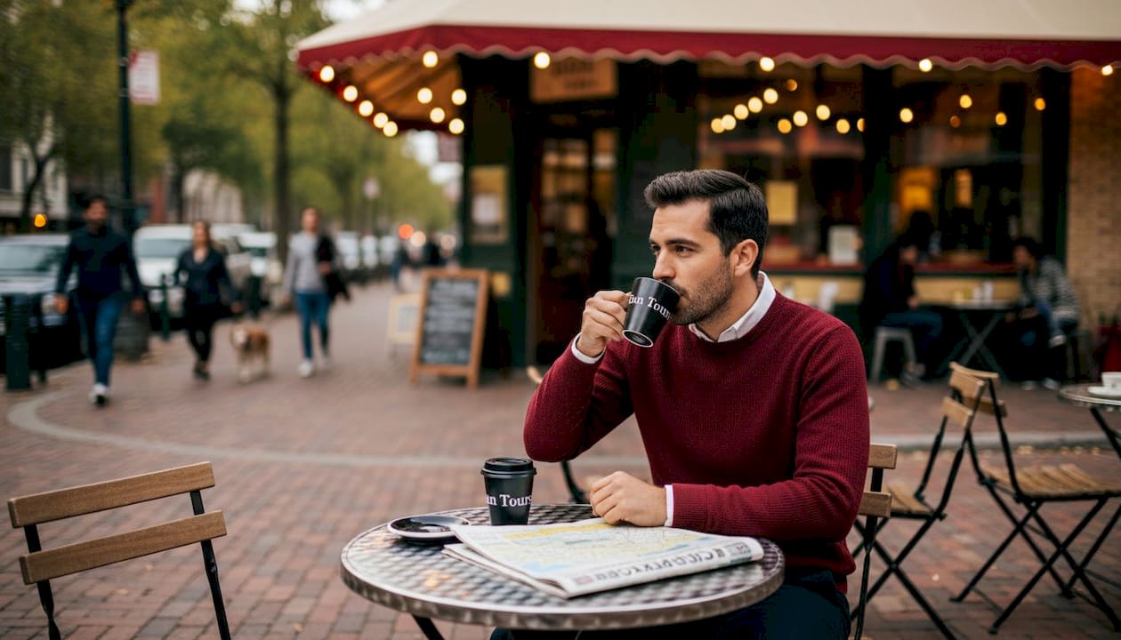Traveler observing locals at a vibrant city café