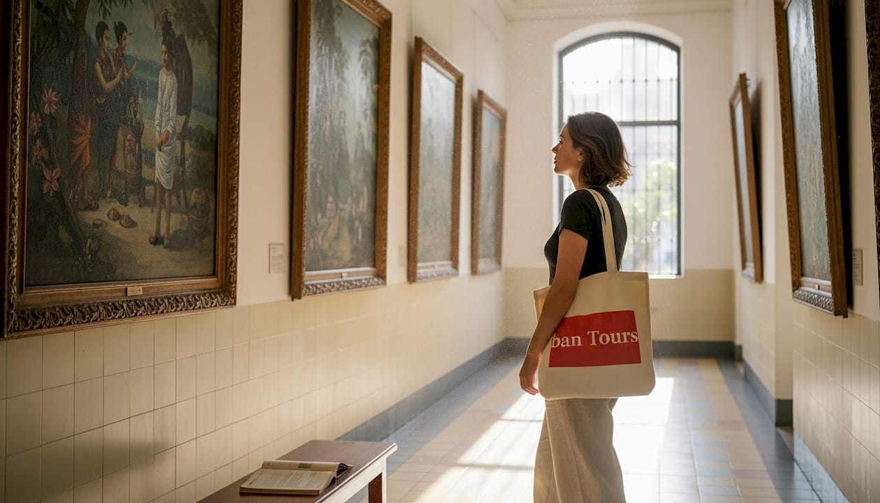 Visitor viewing art in Fine Arts Museum sunlight