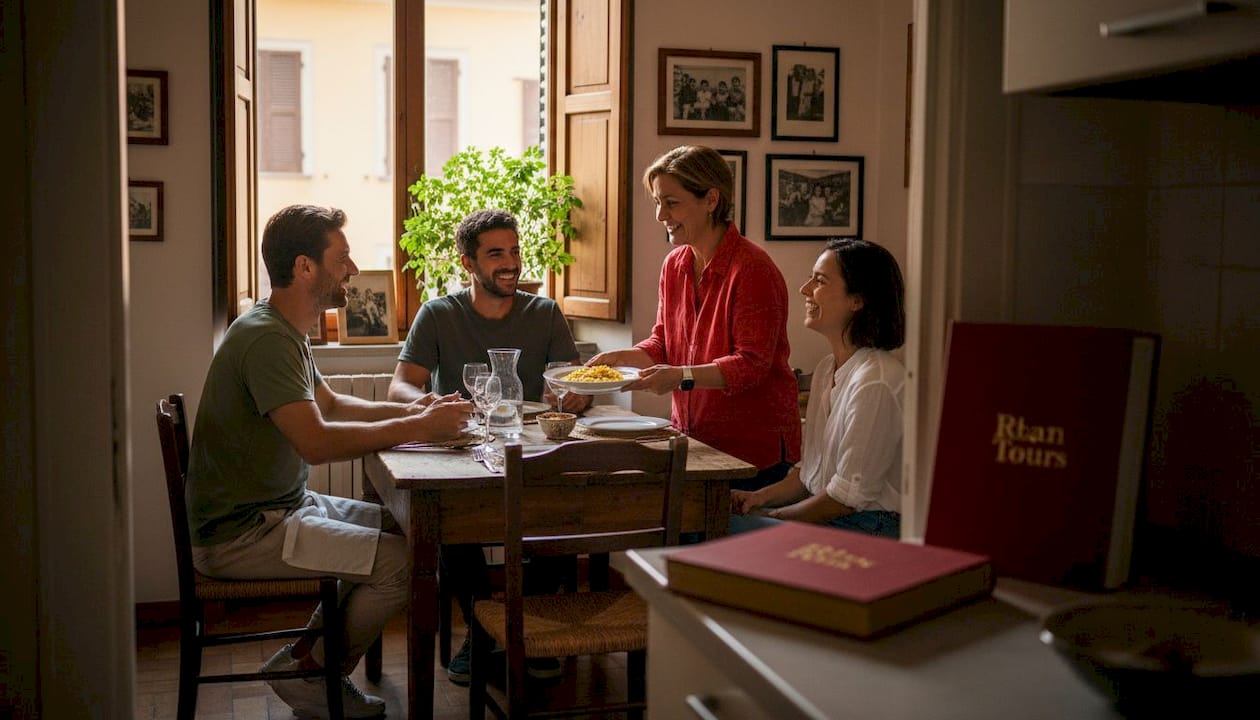 Travelers sharing dinner in cozy Milanese apartment