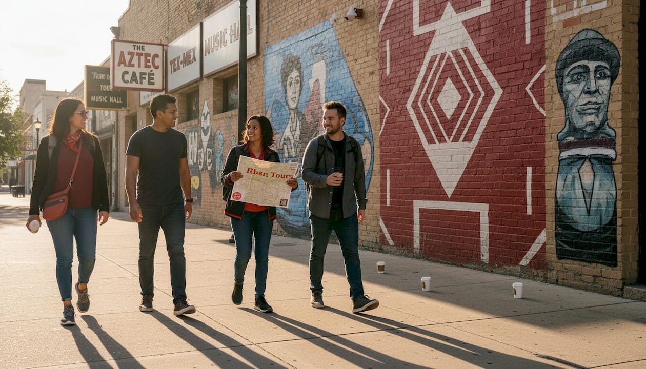 Public art tour group in mural-lined city street