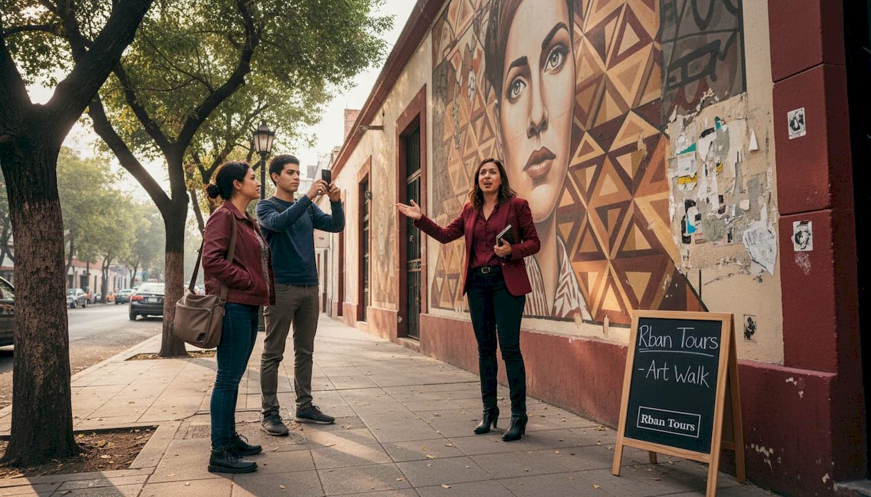 Guide and travelers at Mexico City street mural