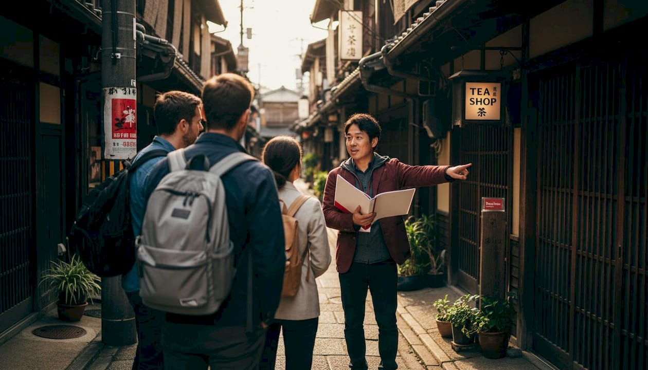Guided tour group exploring Kyoto alley
