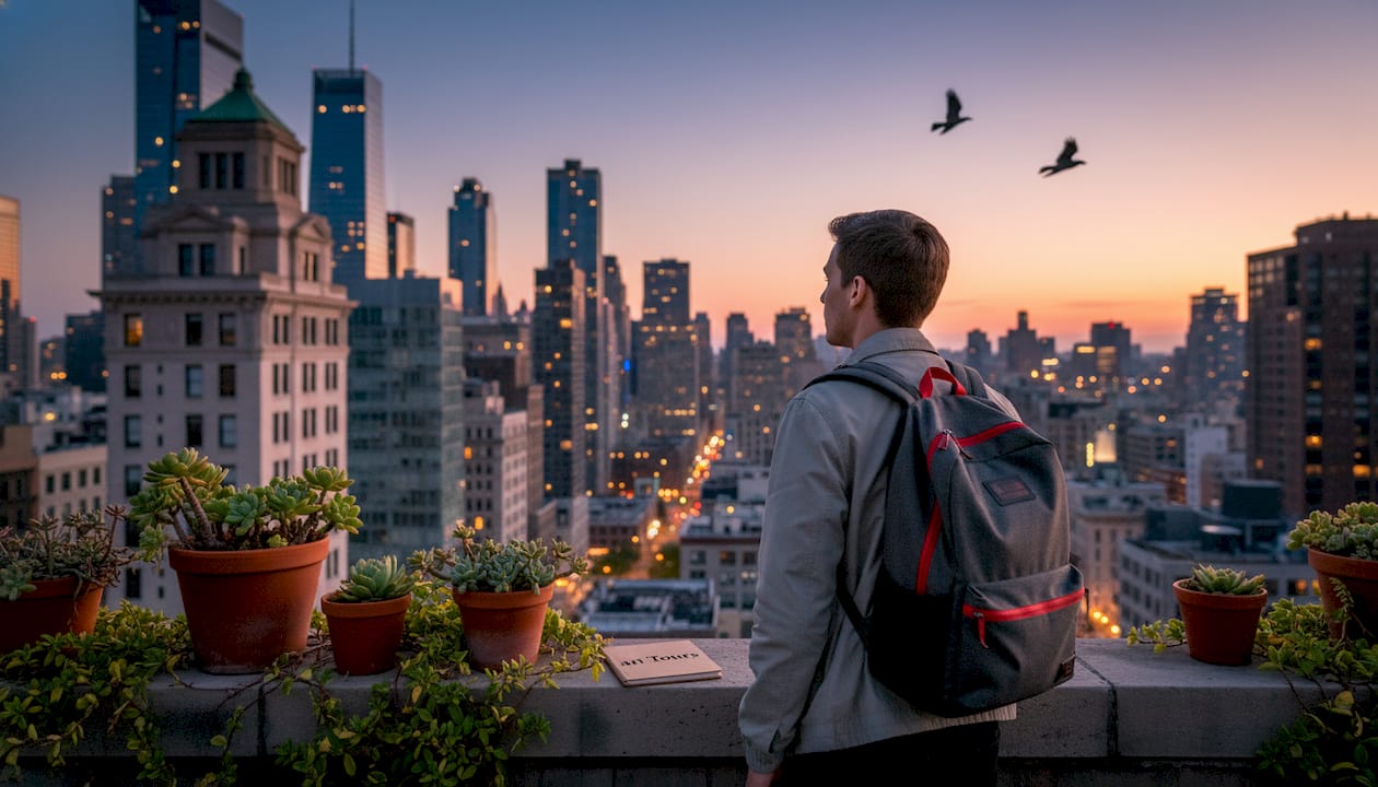 Urban explorer on rooftop overlooking city skyline