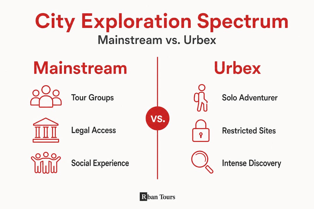 Infographic comparing mainstream and Urbex city exploration