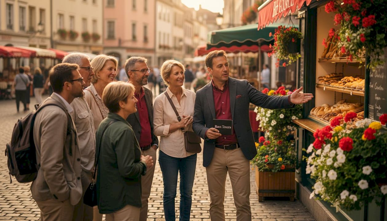 Guide leads small travel group in city street