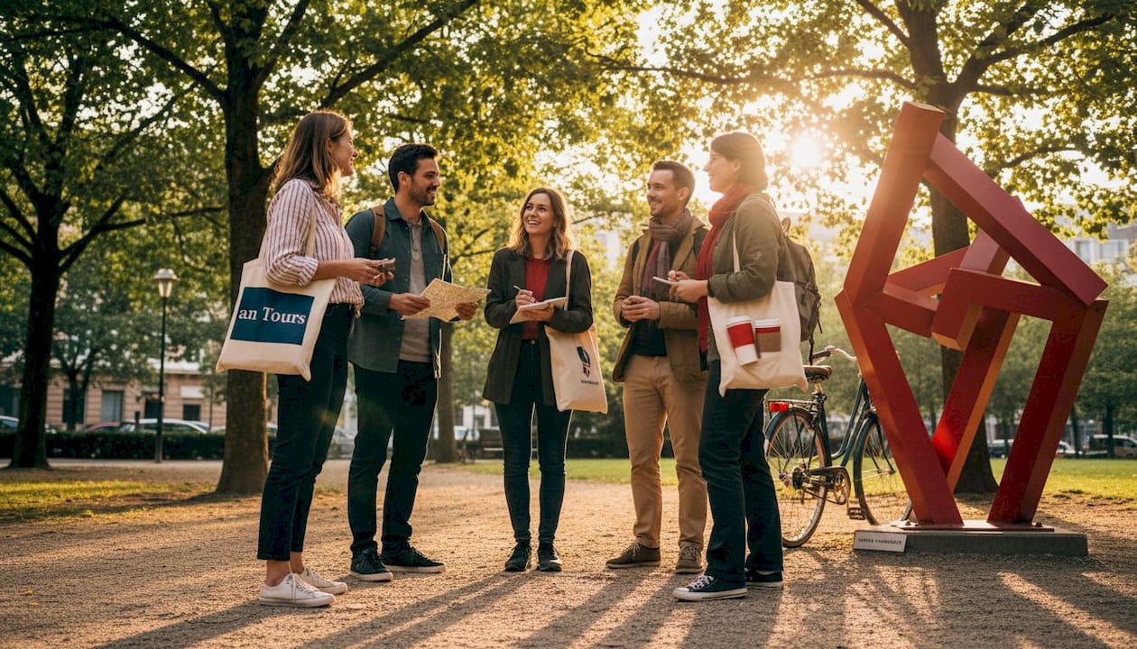 Travelers and local guides chatting in urban park