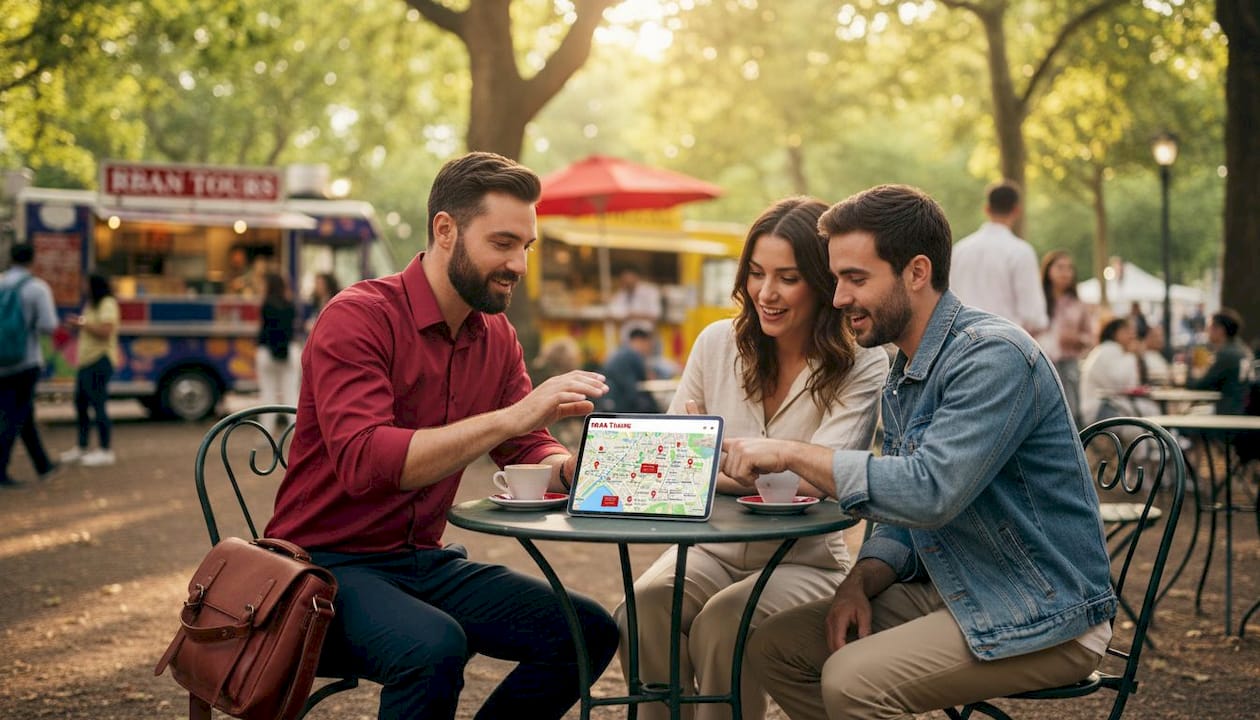 City guide planning custom tour with couple at café