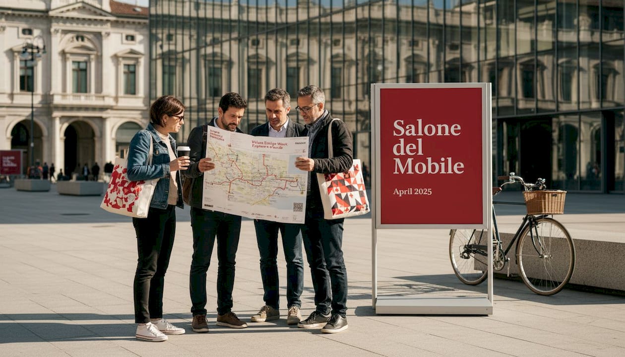 Travelers outside Milan event hall with map