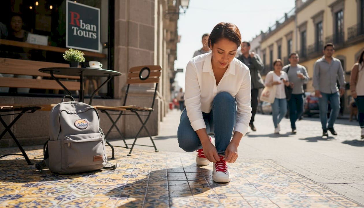 Traveler preparing for historic walking tour
