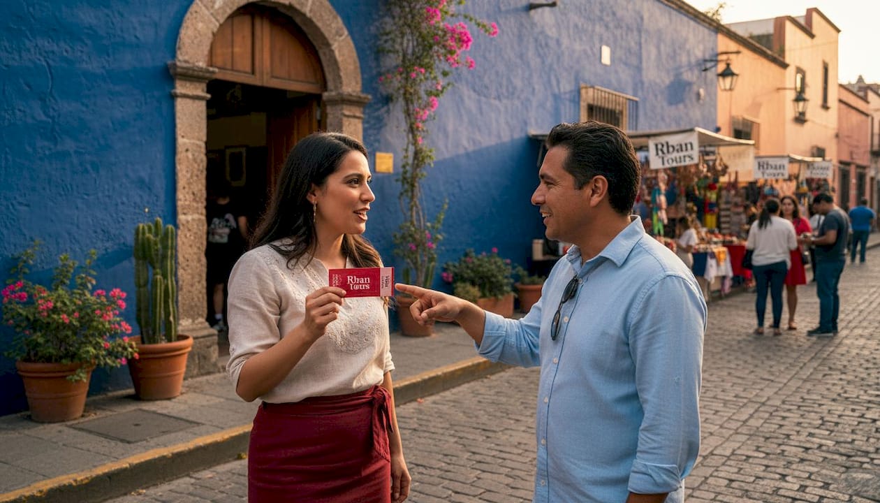 Visitor and guide at Casa Azul entrance in Coyoacán