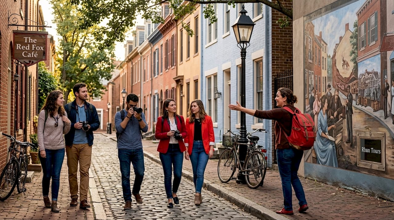 Tour group with local guide in lively city street