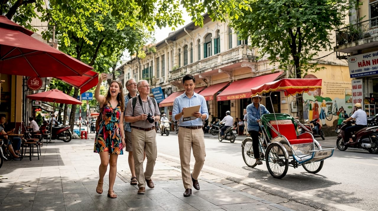 Tour group walking by colonial architecture in Ho Chi Minh City