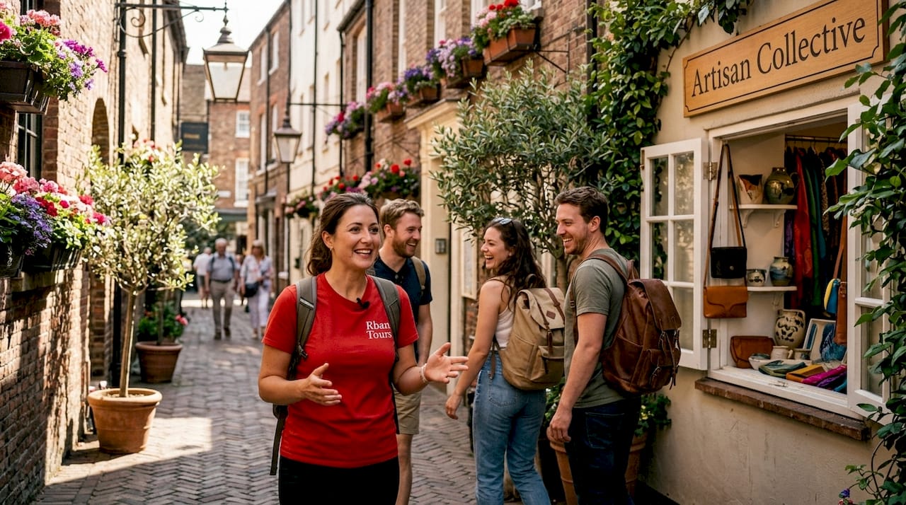 Local guide leading tour on cobbled street