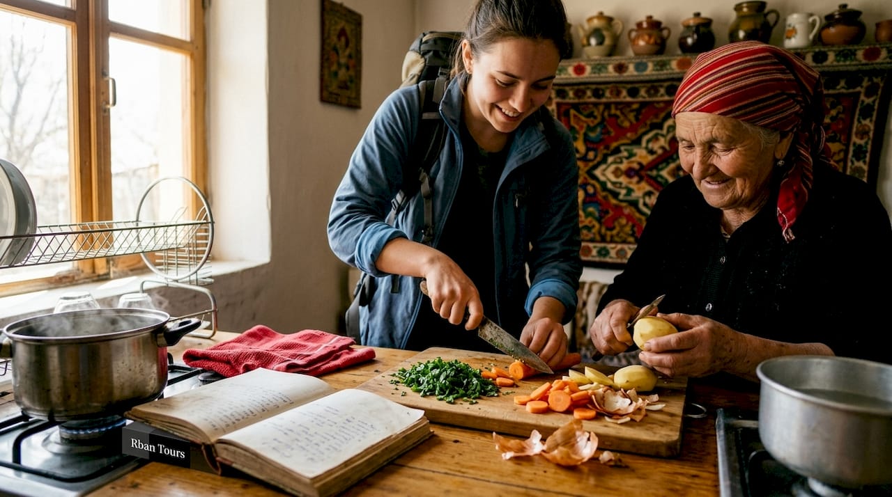 Traveler cooking with local host in sunlit kitchen