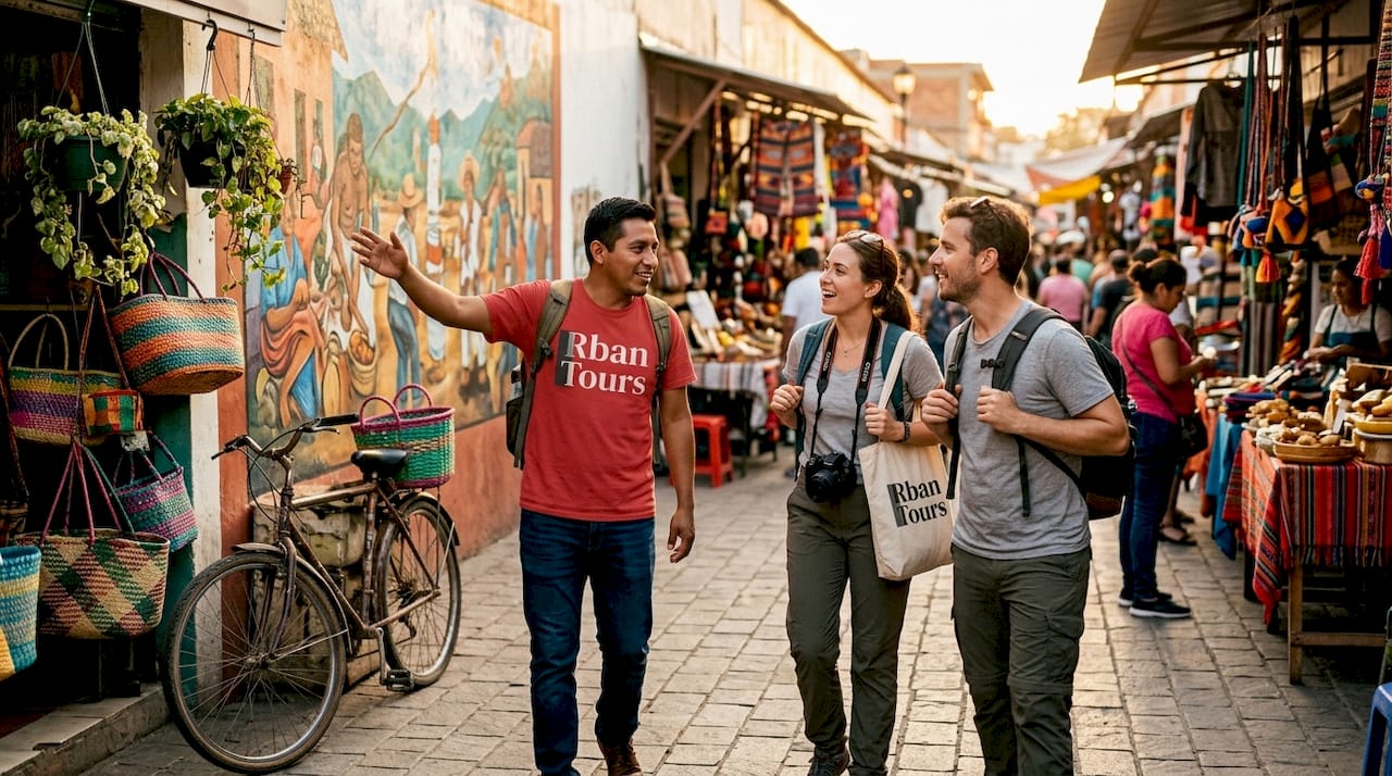Local guide leading travelers on city street tour