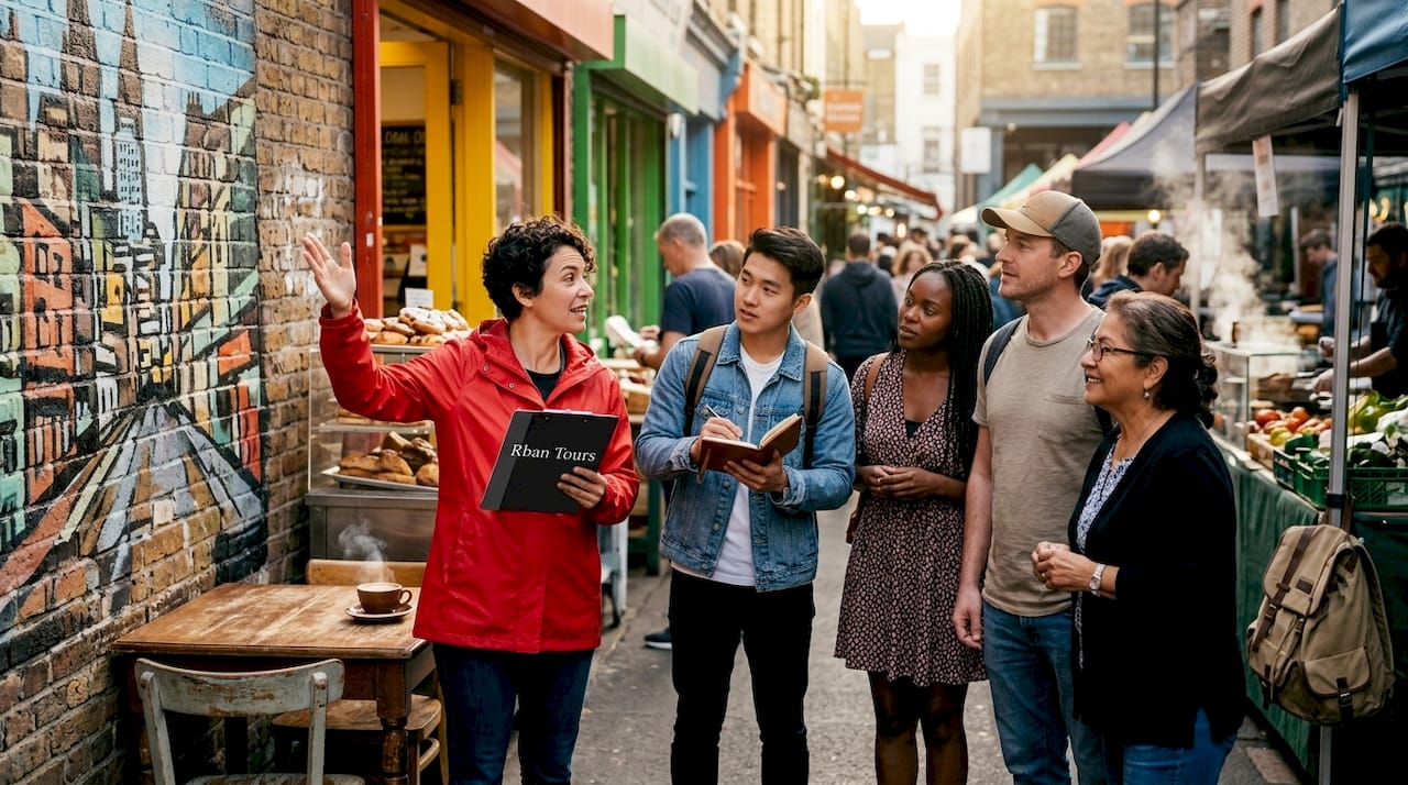 Travelers engaged with local guide on city tour
