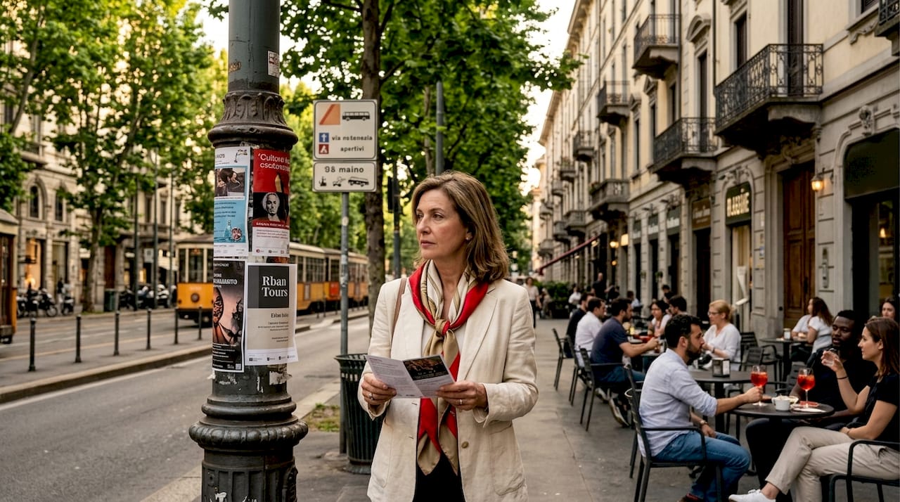Local woman exploring Milan neighborhood street