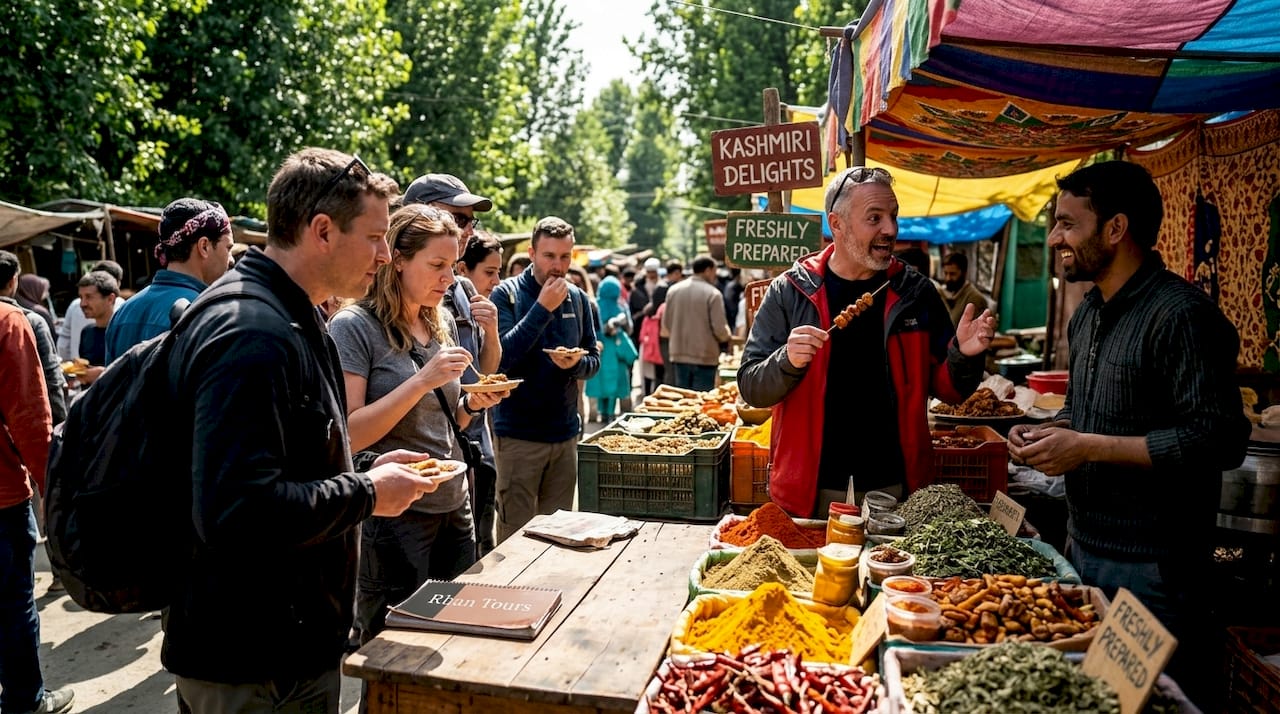 Tourists tasting local foods at outdoor market