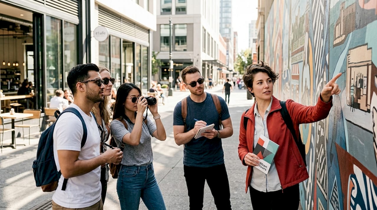 Local city guide showing street art to tourists
