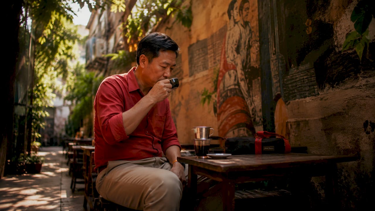 Local man enjoying coffee in hidden Saigon café