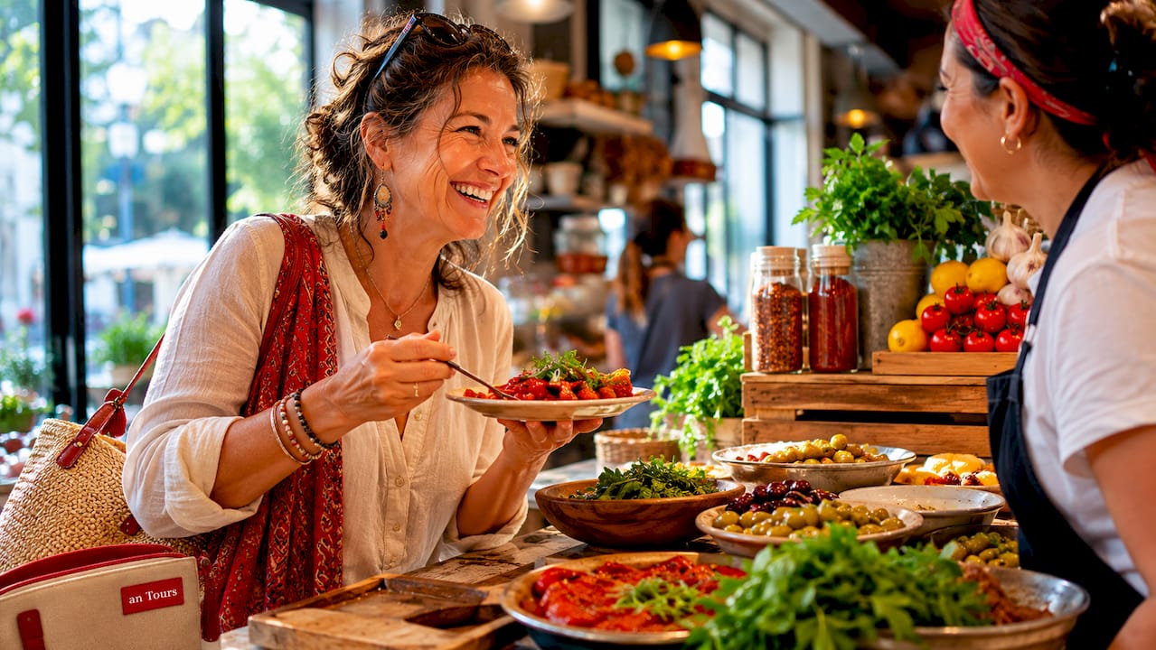 Woman tasting authentic local food outdoors