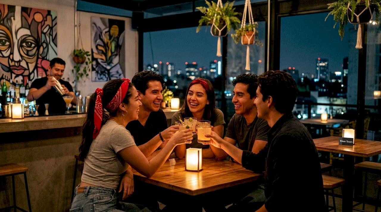 People socializing at outdoor cocktail bar in Roma Norte