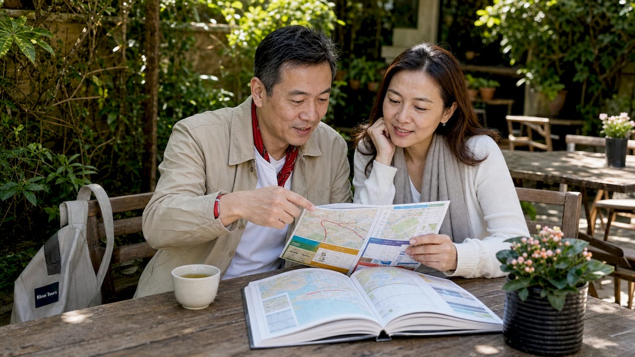 Couple reviewing travel itinerary at café