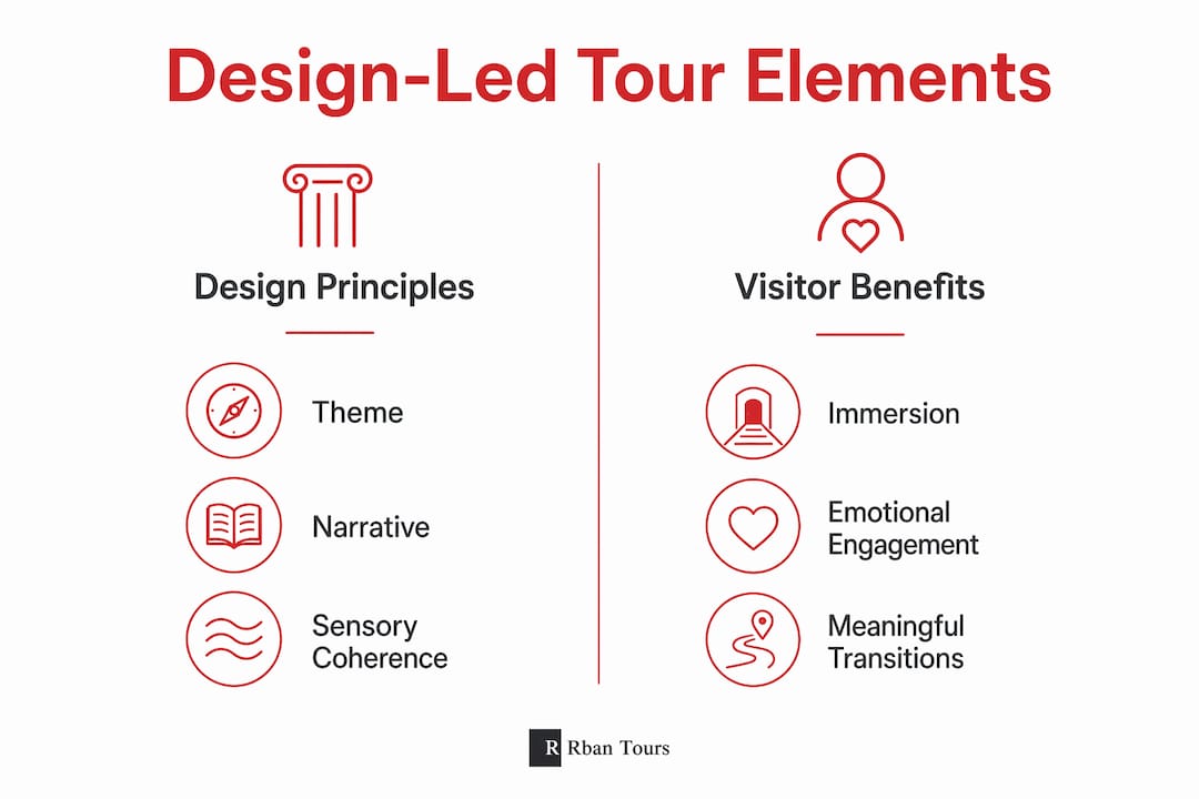 Infographic showing design principles and visitor benefits in design-led tours