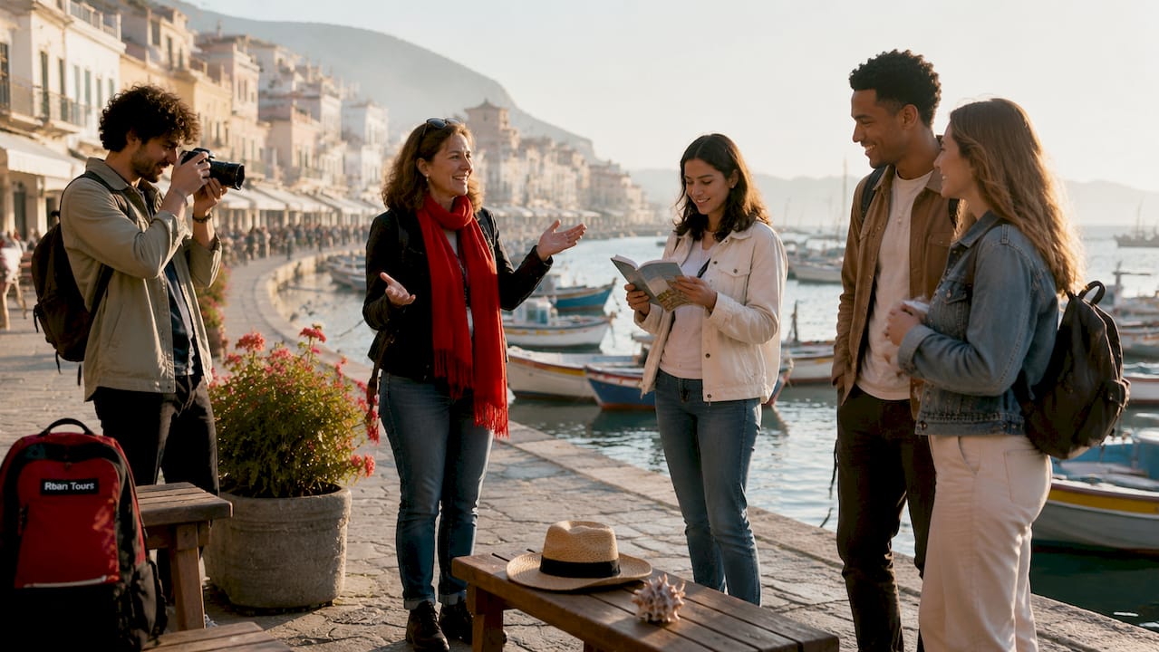 Travelers exploring a lively historic plaza