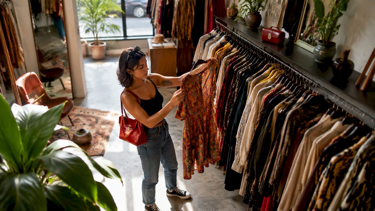 Woman examining vintage jacket inside boutique