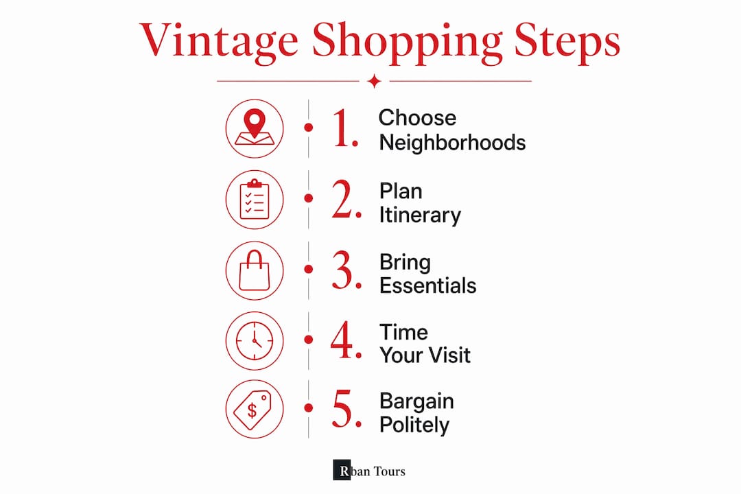 Infographic showing steps for planning a vintage shopping tour