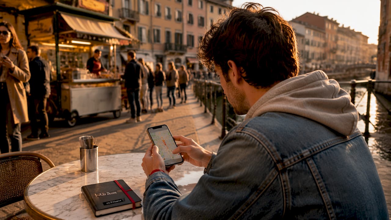 Tourist plotting Milan food tour route on smartphone