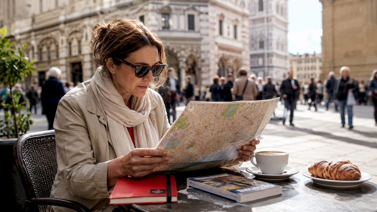Traveler planning personalized city tour at café