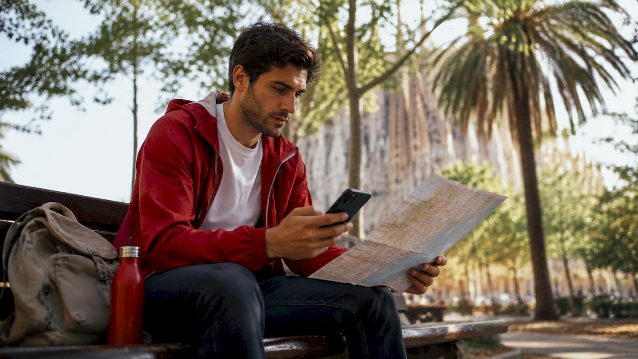 Traveler adjusting flexible tour itinerary outdoors