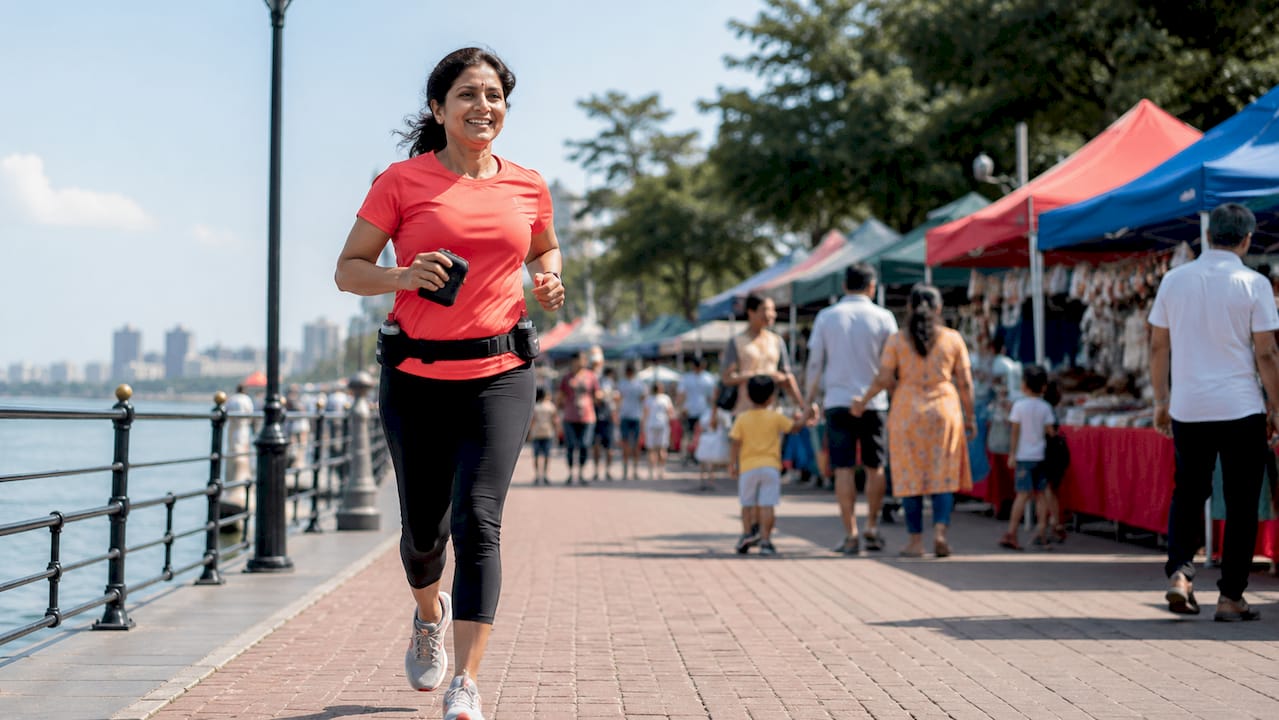 Woman walking on sunny city street for health