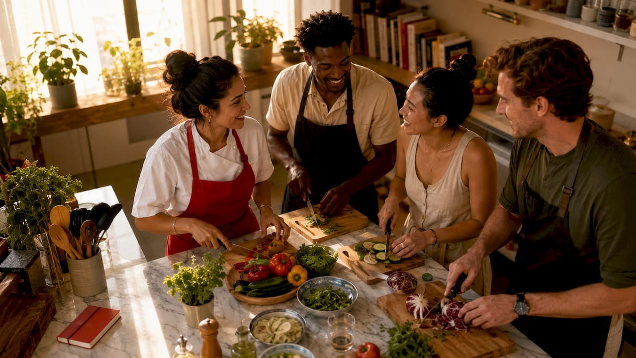 Group cooking class with travelers interacting